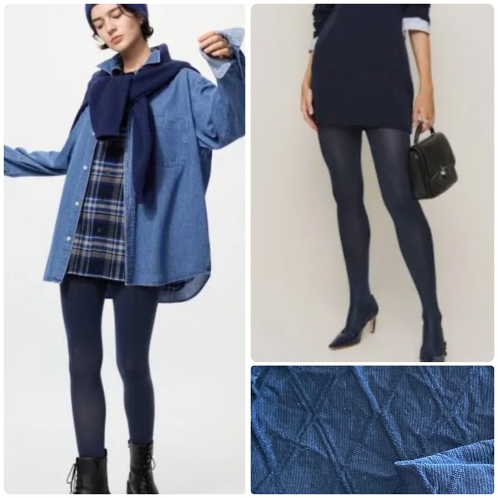 NWOT: Fashion Pattern Textured Navy Blue Winter Tights •  NEW